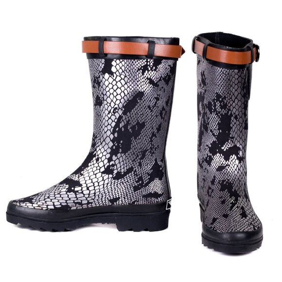 Women Rain Boots, RB-1905 Silver Snake Midcalf Rainboots - Picture 1 of 4